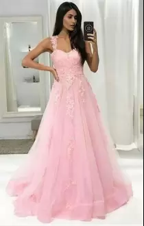 Floor Length Pink Straps Sleeveless Lace Up Prom Dress