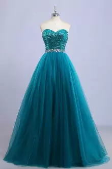 Gorgeous Floor Length Teal Evening Dress Tulle Sleeveless Sequins