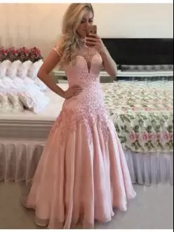 Trendy A-line Prom Dresses Pink High-neck Chiffon Cap Sleeves Backless