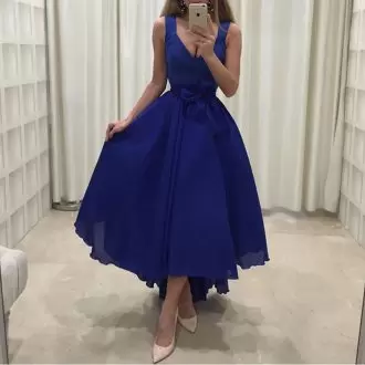 Noble Royal Blue and Navy Blue Straps Neckline Ruching Homecoming Dress Sleeveless Lace Up