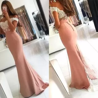 Mermaid Homecoming Dress Pink Off The Shoulder Satin Sleeveless Floor Length