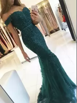 Colorful Sweep Train Mermaid Prom Evening Gown Green Off The Shoulder Tulle Sleeveless Zipper