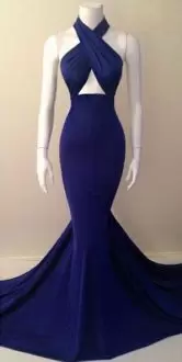Ruching Prom Gown Navy Blue Lace Up Sleeveless Sweep Train