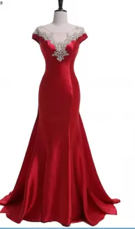 Dramatic Cap Sleeves Scoop Sweep Train Beading Zipper Formal Evening Gowns