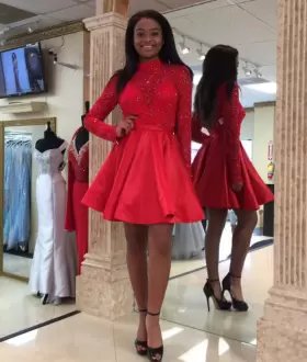 A-line Junior Homecoming Dress Red High-neck Satin Long Sleeves Knee Length