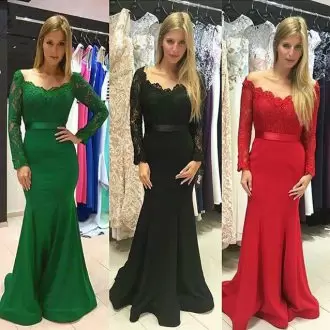 Decent Dark Green Scalloped Neckline Lace Prom Evening Gown Long Sleeves Lace Up