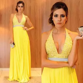 Glittering Sleeveless Chiffon Floor Length Lace Up Prom Evening Gown in Yellow with Beading and Ruching