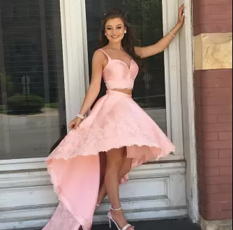 Two Piece High Low Pink Satin Lace Prom Dress Under 100
