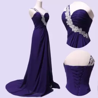 Lovely With Train Purple Prom Evening Gown One Shoulder Sleeveless Sweep Train Lace Up