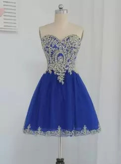 Royal Blue Zipper Back Short Chiffon Prom Dress with Gold Appliques and Bling Under 100