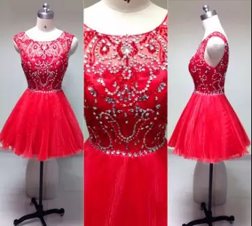 Decent Sleeveless Mini Length Beading and Pleated Lace Up Prom Dresses with Red