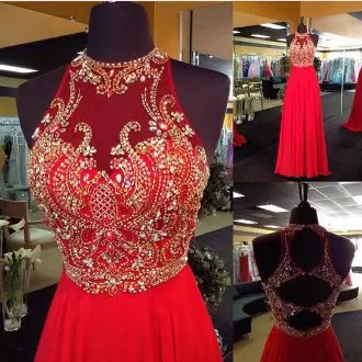 Chiffon Floor Length Backless Dress for Prom in Red with Beading