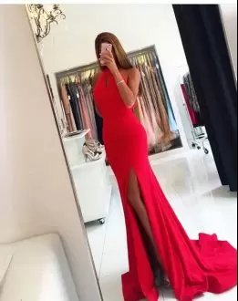 Sexy Red Keyhole Leg Slit Mermaid Prom Dress with Train Under 100 Dollars