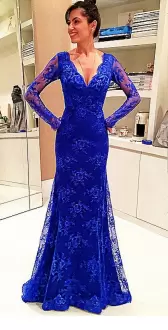 Dramatic Blue V-neck Neckline Beading and Lace Hoco Dress Long Sleeves Lace Up