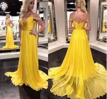 Gold A-line Chiffon Off The Shoulder Sleeveless Beading Zipper Prom Gown Sweep Train