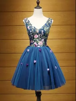 Sweet Navy Blue V-neck Neckline Hand Made Flower Prom Dress Sleeveless Lace Up