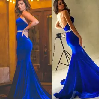 Custom Design Blue Sleeveless Beading and Lace Floor Length Prom Evening Gown