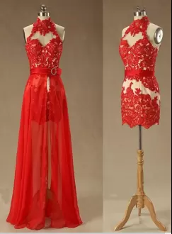 New Arrival Sleeveless Chiffon Floor Length Backless Homecoming Party Dress in Red with Lace