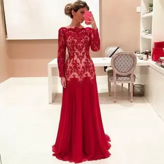 Red Prom Gown Scalloped Long Sleeves Sweep Train Lace Up