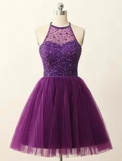 Customized Halter Top Sleeveless Backless Dress for Prom Purple Tulle Beading