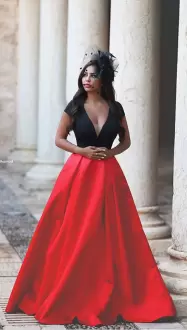 Affordable Red and Red And Black Satin Lace Up V-neck Cap Sleeves Floor Length Prom Evening Gown Ruching