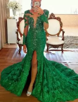 Fashion Long Sleeves Beading Evening Dress with Peacock Green Court Train