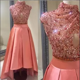 New Style Satin High-neck Sleeveless Lace Up Beading Prom Dresses in Pink and Orange