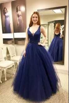 Stunning Straps Sleeveless Zipper Evening Dress Navy Blue Tulle Beading