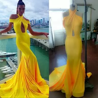 Top Selling Yellow Satin Backless Prom Dress Sleeveless Floor Length Sweep Train Beading and Lace