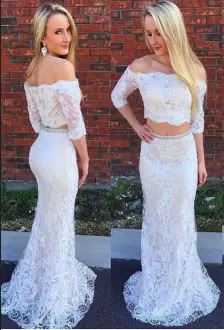 Superior White Two Pieces Lace Homecoming Party Dress Zipper Lace Half Sleeves