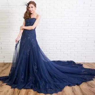 Sweep Train Empire Prom Party Dress Blue Strapless Satin and Tulle Sleeveless Floor Length Lace Up