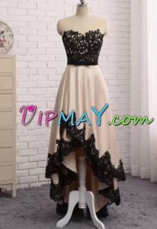 Deluxe Sleeveless Satin High Low Zipper Prom Dresses in Champagne with Lace and Appliques