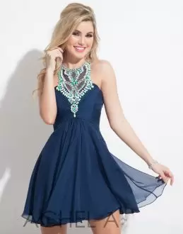 Navy Blue Homecoming Dress Prom and Party and Military Ball with Beading Halter Top Sleeveless Lace Up