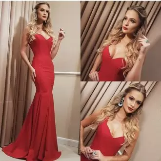 Cheap Red Mermaid Ruching Homecoming Dress Online Lace Up Satin Sleeveless Floor Length