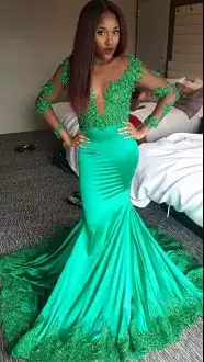 Green Mermaid Sweetheart Long Sleeves Satin and Organza Floor Length Sweep Train Lace Up Beading and Lace Prom Dresses