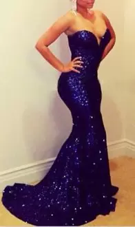 Decent Royal Blue Sequined Lace Up Sweetheart Sleeveless Homecoming Dress Online Sweep Train Sequins