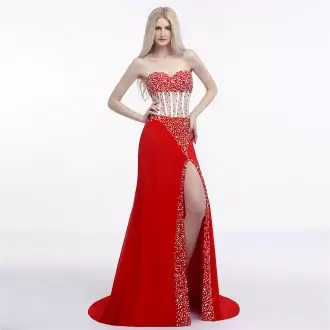 Fancy Red Zipper Prom Party Dress Beading Sleeveless Sweep Train