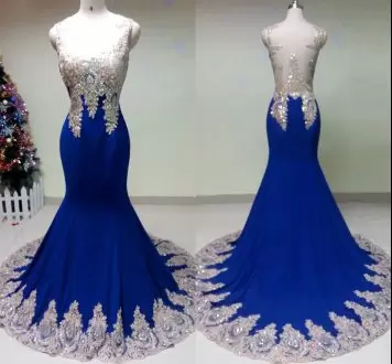 Modern Royal Blue Mermaid Scoop Sleeveless Beading Side Zipper Prom Party Dress Sweep Train