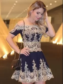 Fine Royal Blue and Navy Blue Sleeveless Mini Length Lace and Appliques Hoco Dress Off The Shoulder