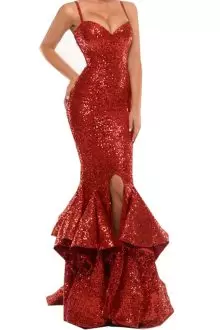 Red Fully Sequins Mermaid Slit Homecoming Dress with Straps
