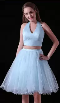 Blue Tulle Sleeveless Knee Length Ruching Prom Dress