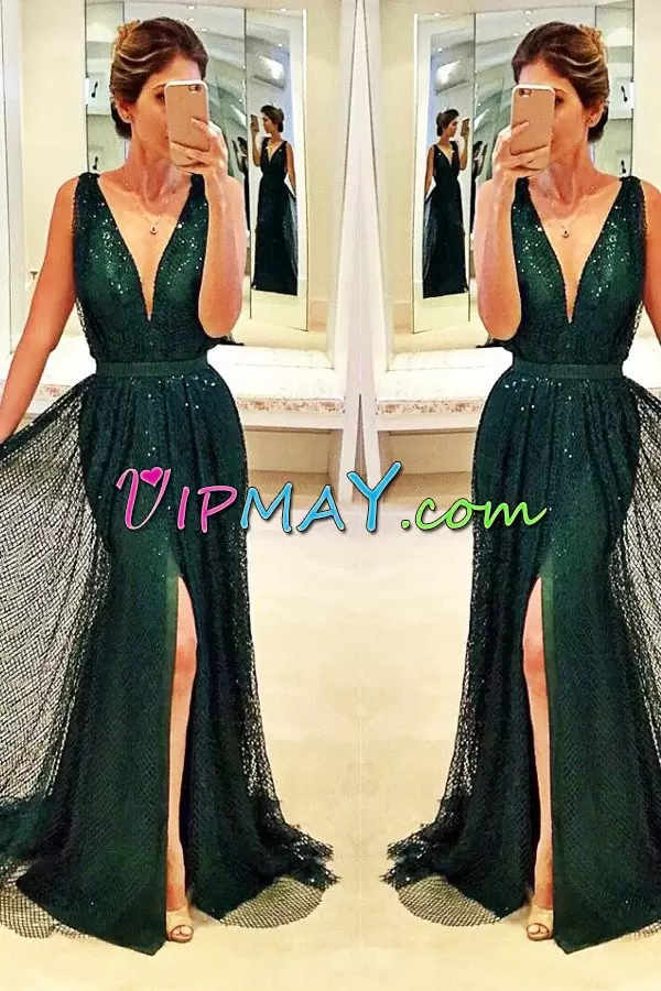 Exceptional Green Sequined Lace Up Homecoming Dress Sleeveless Sweep Train Sequins