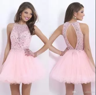 Dynamic Mini Length Pink Prom Dress Tulle Sleeveless Beading
