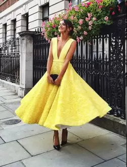 Nice Yellow A-line V-neck Sleeveless Lace Ankle Length Lace Up Lace Prom Evening Gown