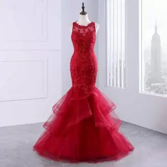 Red Zipper Prom Party Dress Lace and Appliques Sleeveless Sweep Train