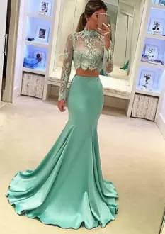 Dazzling Aqua Blue Backless Evening Dress Beading and Lace Long Sleeves Sweep Train