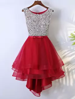 Fantastic Red Backless Scoop Beading Dress for Prom Tulle Sleeveless