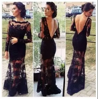 Vintage Black Mermaid Lace and Appliques Prom Gown Backless Tulle Long Sleeves Floor Length