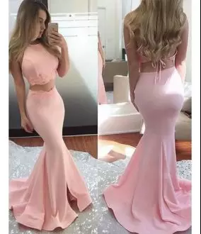 Amazing Pink Two Pieces Scoop Sleeveless Sweep Train Backless Appliques Evening Outfits
