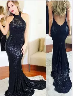 Cheap High-neck Sleeveless Sweep Train Backless Formal Dresses Black Sequined Sequins